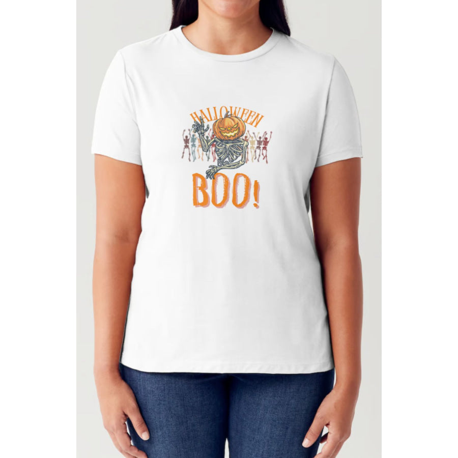 Simply Love Full Size Pumpkin Skeleton Graphic Short Sleeve Tubular T-Shirt White / S Apparel and Accessories