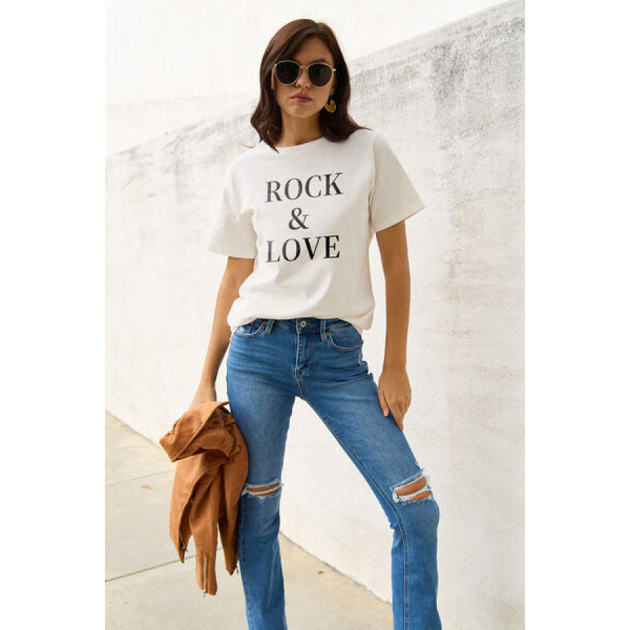 Simply Love Full Size ROCK ＆ LOVE Short Sleeve T-Shirt White / S Apparel and Accessories