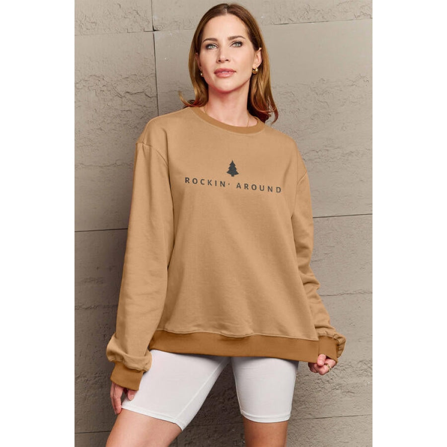 Simply Love Full Size ROCKIN AROUND Long Sleeve Sweatshirt Camel / S Clothing