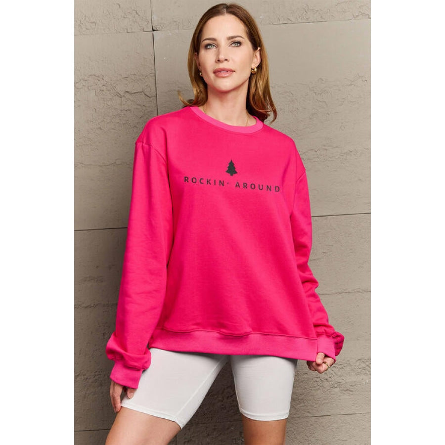 Simply Love Full Size ROCKIN AROUND Long Sleeve Sweatshirt Deep Rose / S Clothing