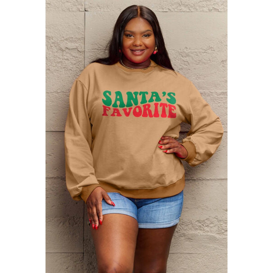 Simply Love Full Size SANTA’S FAVORITE Round Neck Sweatshirt Camel / S Clothing