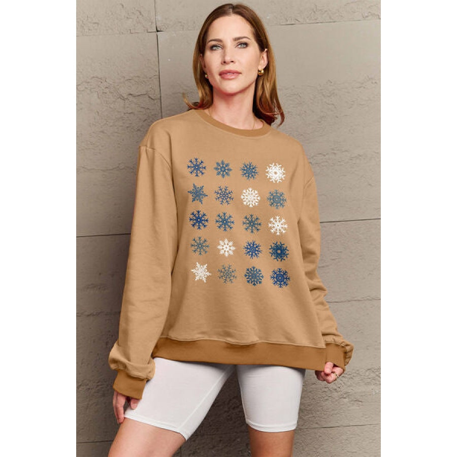 Simply Love Full Size Snowflakes Round Neck Sweatshirt Camel / S Apparel and Accessories