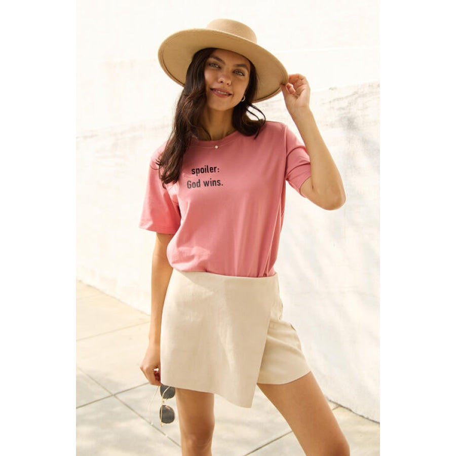 Simply Love Full Size SPOILER: GOD WINS Short Sleeve T-Shirt Strawberry / S Women’s Fashion Clothing