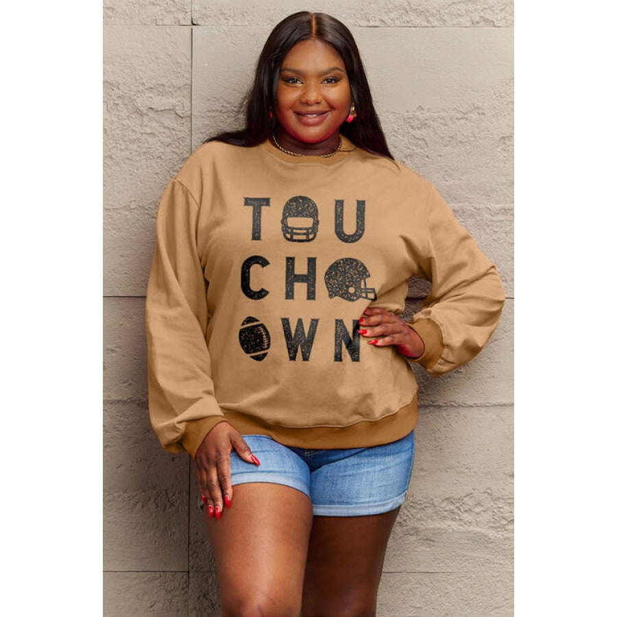 Simply Love Full Size TOUCHDOWN Long Sleeve Sweatshirt Camel / S