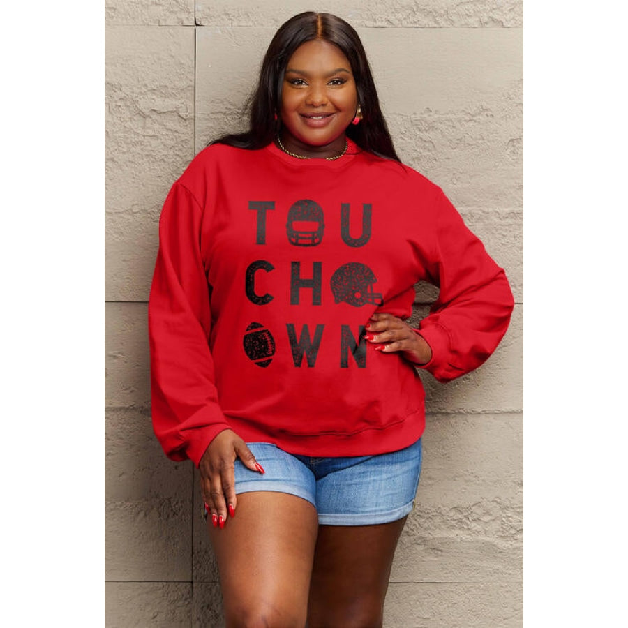 Simply Love Full Size TOUCHDOWN Long Sleeve Sweatshirt Deep Red / S