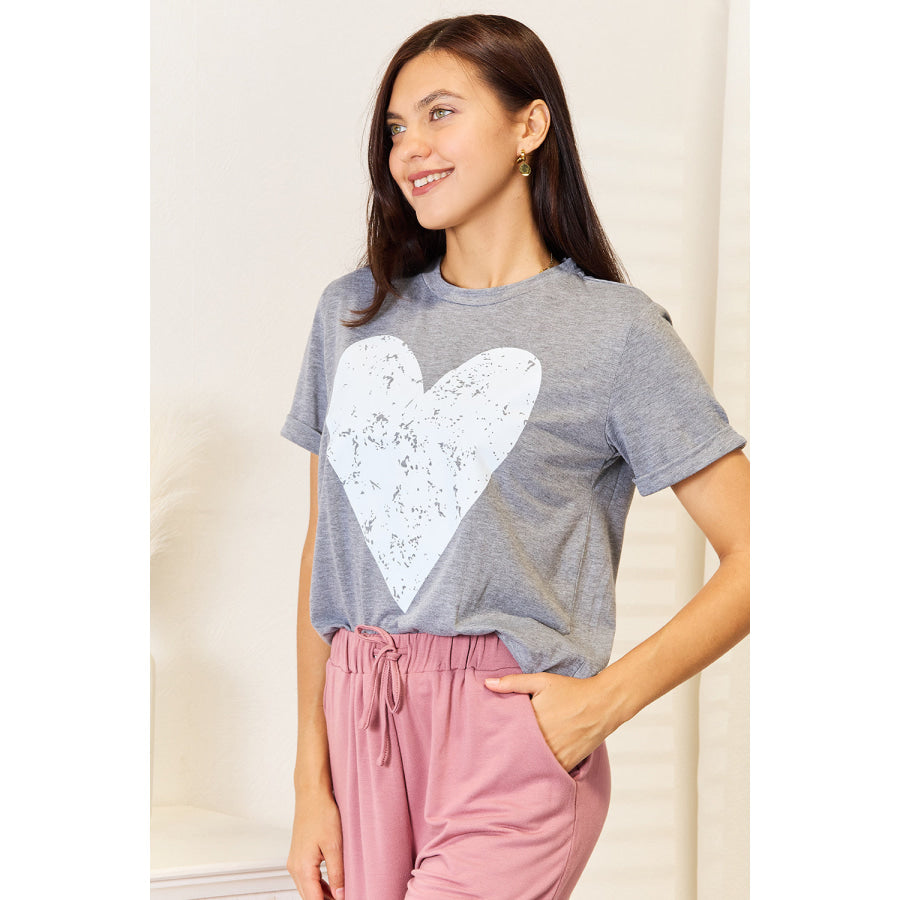 Simply Love Heart Graphic Cuffed Short Sleeve T-Shirt Apparel and Accessories