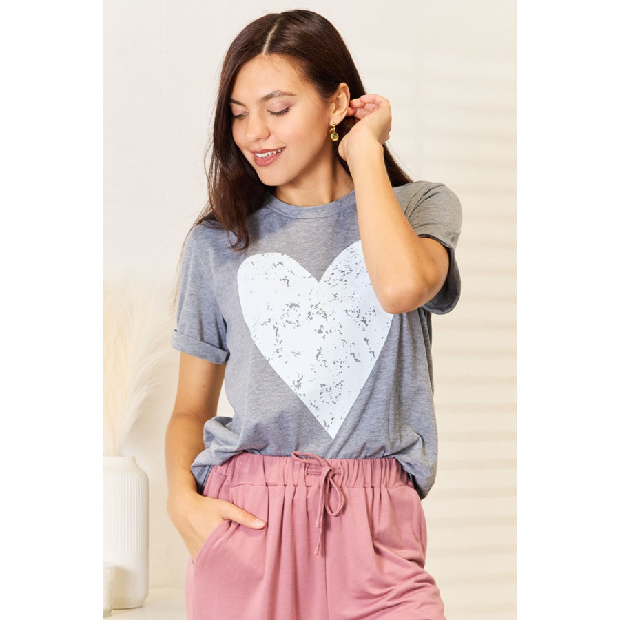 Simply Love Heart Graphic Cuffed Short Sleeve T-Shirt Apparel and Accessories