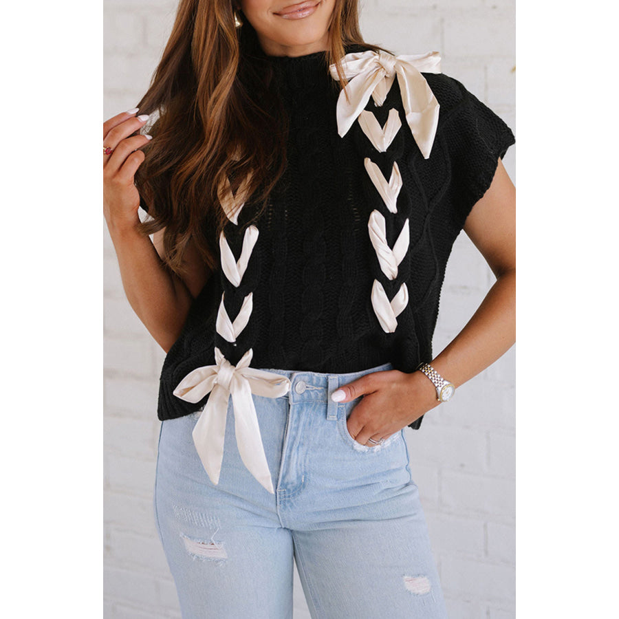 Simply Taupe Cable Knit Colorblock Satin Bowknot Short Sleeve Sweater Black / S / 100% Acrylic Sweaters & Cardigans/Short Sleeve Sweaters