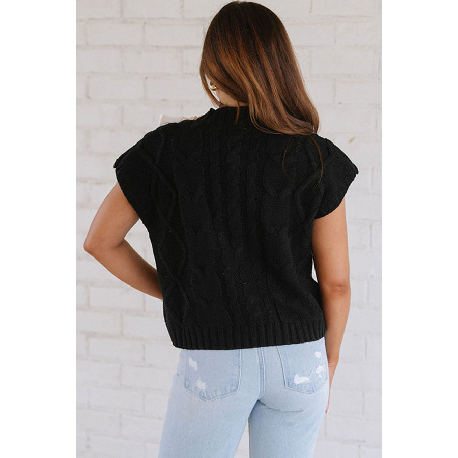 Simply Taupe Cable Knit Colorblock Satin Bowknot Short Sleeve Sweater Sweaters & Cardigans/Short Sleeve Sweaters
