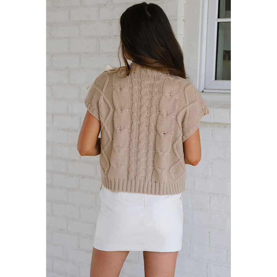 Simply Taupe Cable Knit Colorblock Satin Bowknot Short Sleeve Sweater Simply Taupe / S / 100% Acrylic Sweaters & Cardigans/Short Sleeve
