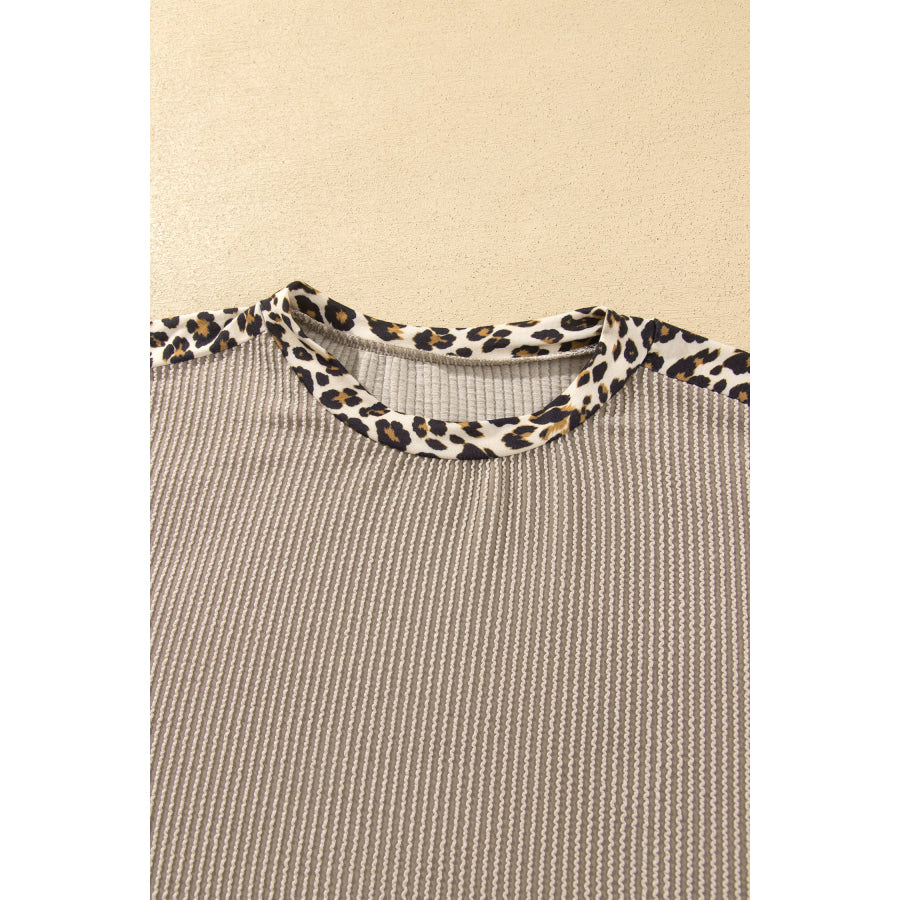 Simply Taupe Cozy Ribbed Patchwork Leopard Trim Long Sleeve 2pcs Pant Set Two Piece Sets/Pant Sets