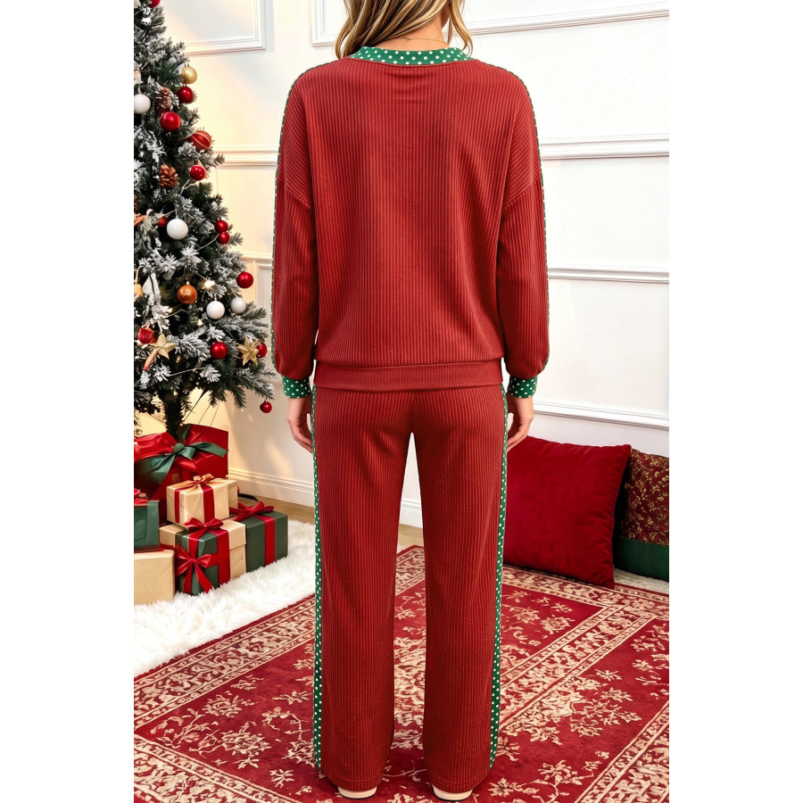 Simply Taupe Cozy Ribbed Patchwork Leopard Trim Long Sleeve 2pcs Pant Set Two Piece Sets/Pant Sets