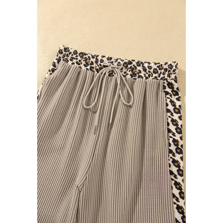 Simply Taupe Cozy Ribbed Patchwork Leopard Trim Long Sleeve 2pcs Pant Set Two Piece Sets/Pant Sets
