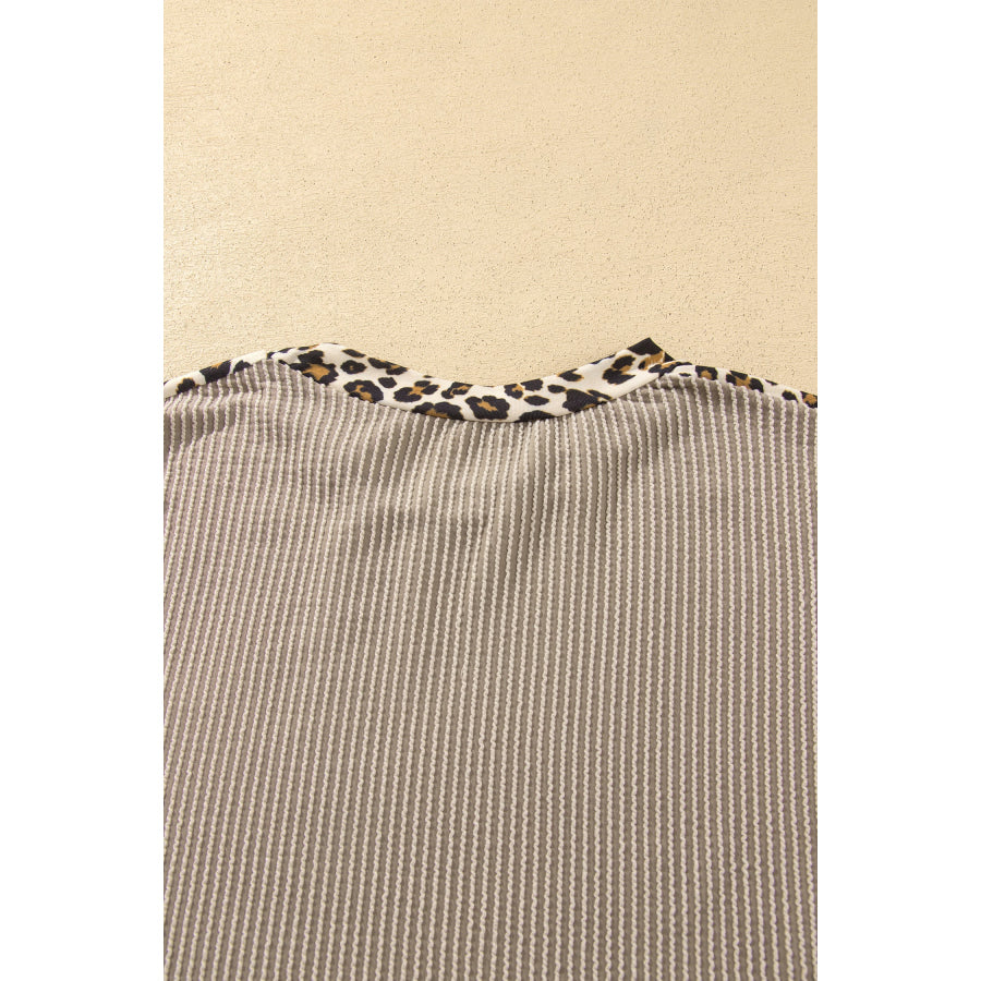 Simply Taupe Cozy Ribbed Patchwork Leopard Trim Long Sleeve 2pcs Pant Set Two Piece Sets/Pant Sets