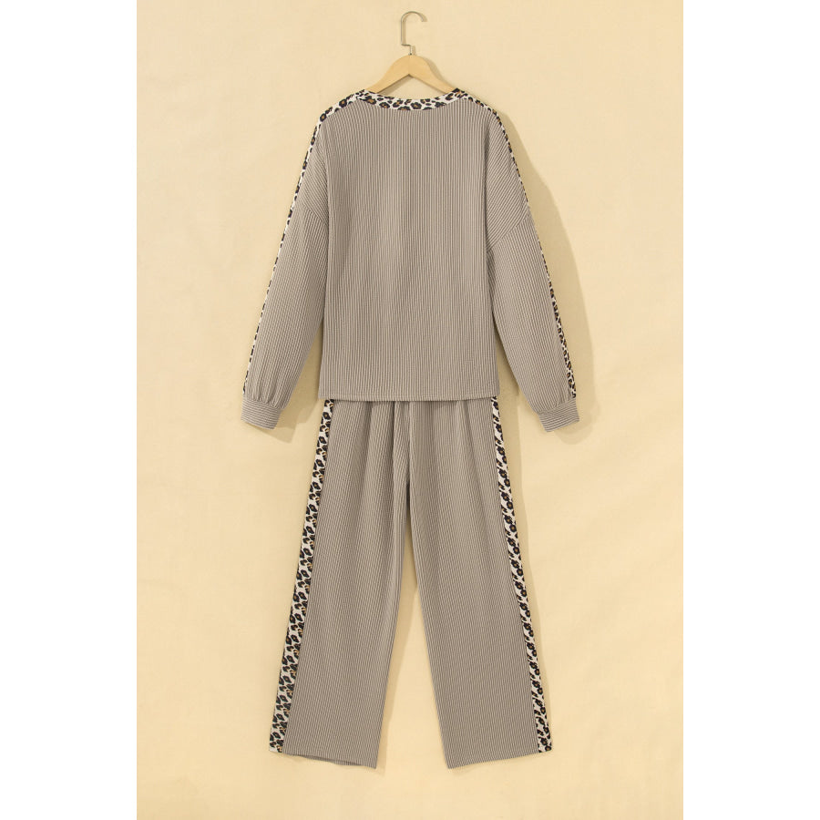 Simply Taupe Cozy Ribbed Patchwork Leopard Trim Long Sleeve 2pcs Pant Set Two Piece Sets/Pant Sets