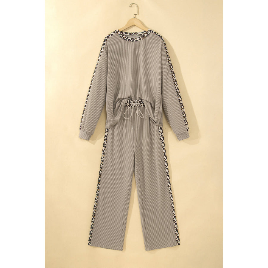 Simply Taupe Cozy Ribbed Patchwork Leopard Trim Long Sleeve 2pcs Pant Set Two Piece Sets/Pant Sets