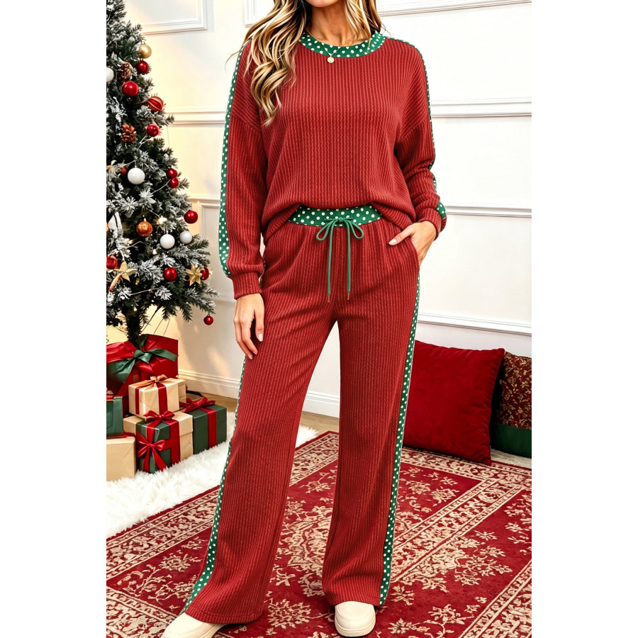 Simply Taupe Cozy Ribbed Patchwork Leopard Trim Long Sleeve 2pcs Pant Set Two Piece Sets/Pant Sets