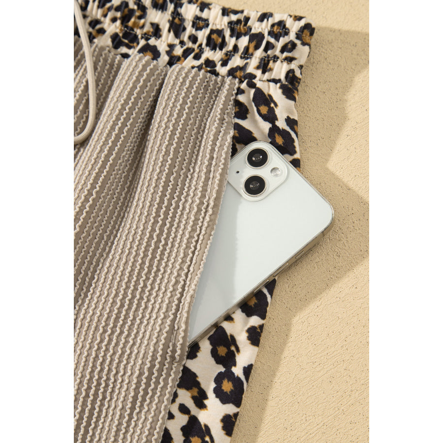Simply Taupe Cozy Ribbed Patchwork Leopard Trim Long Sleeve 2pcs Pant Set Two Piece Sets/Pant Sets