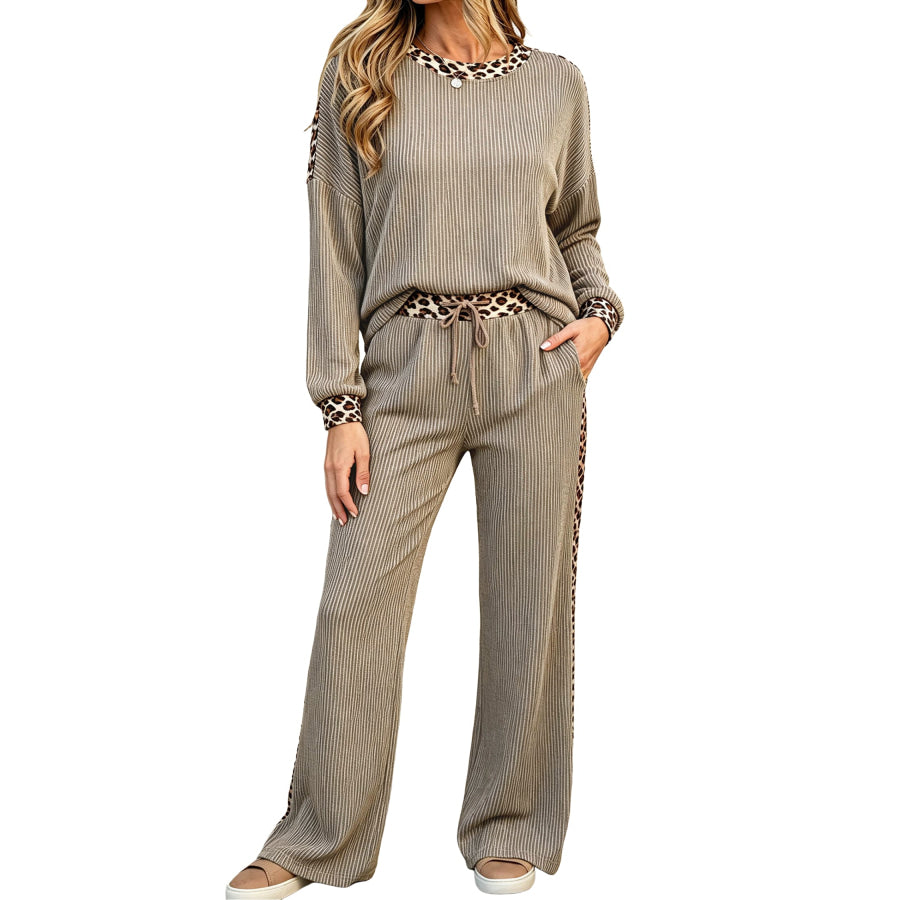Simply Taupe Cozy Ribbed Patchwork Leopard Trim Long Sleeve 2pcs Pant Set Two Piece Sets/Pant Sets