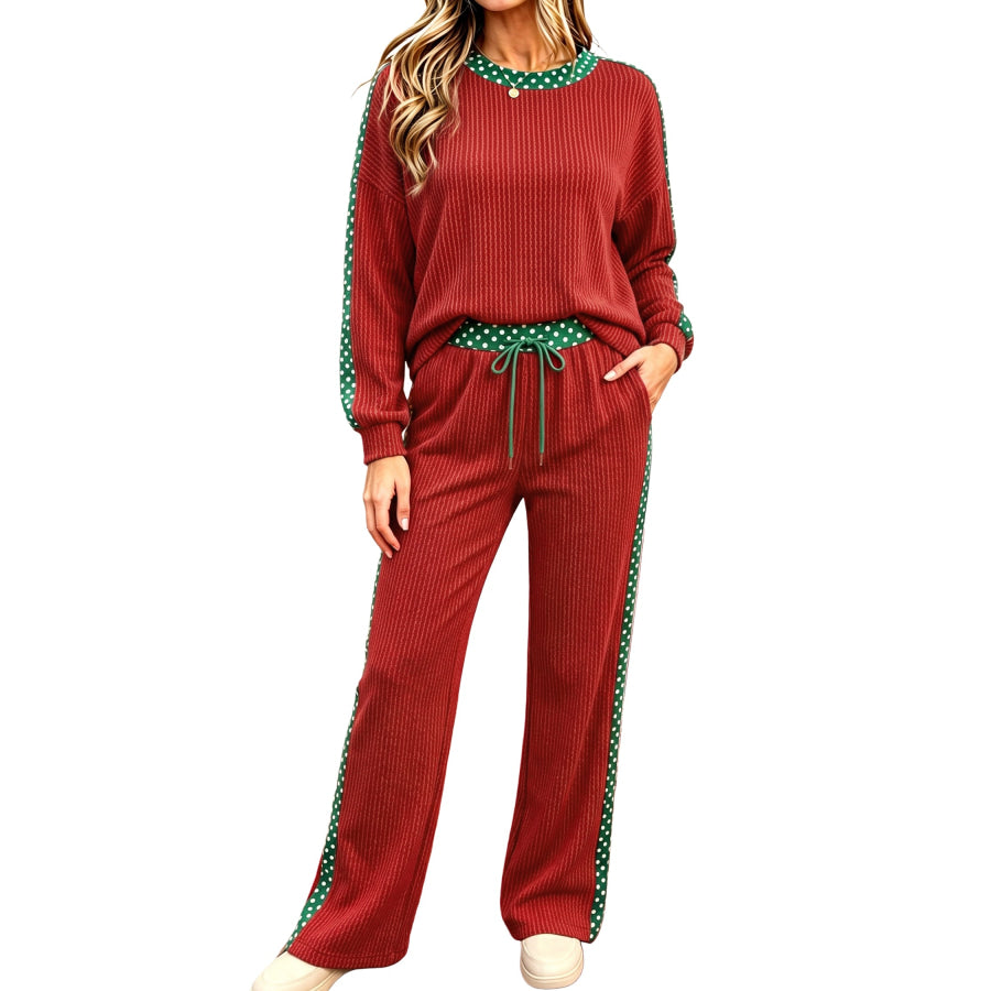 Simply Taupe Cozy Ribbed Patchwork Leopard Trim Long Sleeve 2pcs Pant Set Two Piece Sets/Pant Sets