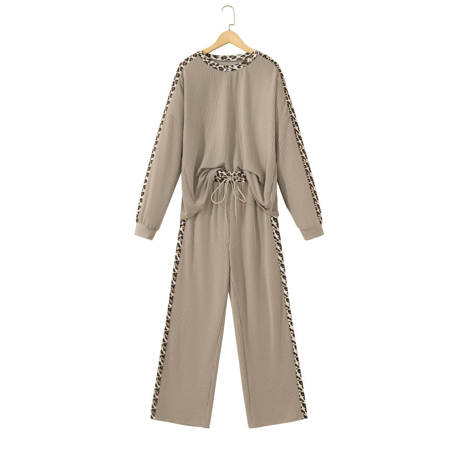 Simply Taupe Cozy Ribbed Patchwork Leopard Trim Long Sleeve 2pcs Pant Set Two Piece Sets/Pant Sets