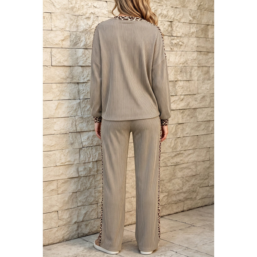 Simply Taupe Cozy Ribbed Patchwork Leopard Trim Long Sleeve 2pcs Pant Set Two Piece Sets/Pant Sets