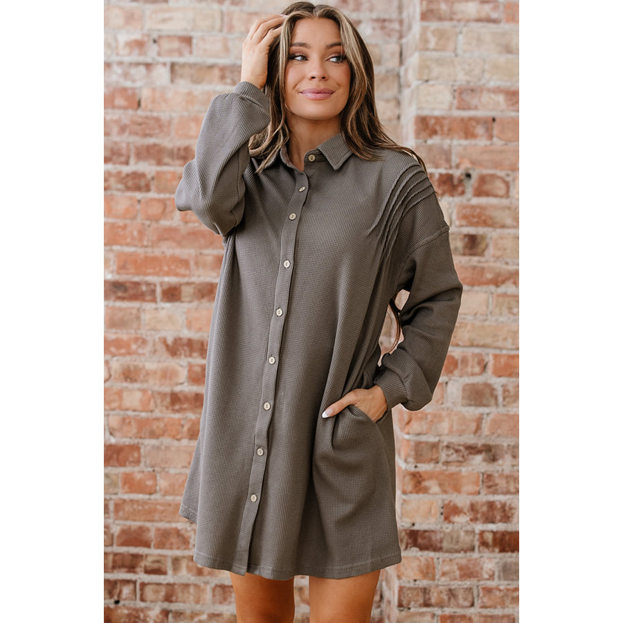 Simply Taupe Waffle Knit Shirt Tunic Dress Dresses/Mini Dresses