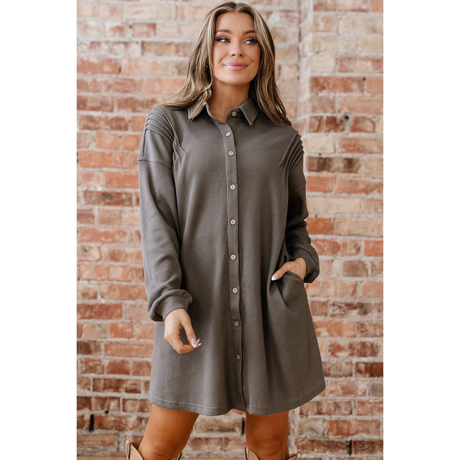 Simply Taupe Waffle Knit Shirt Tunic Dress Simply Taupe / S / 75% Polyester + 25% Cotton Dresses/Mini Dresses