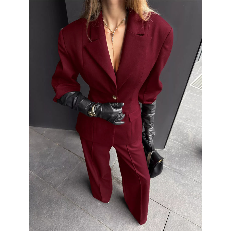 Single-Breasted Blazer and Wide-Leg Pants Set Burgundy / S Apparel and Accessories