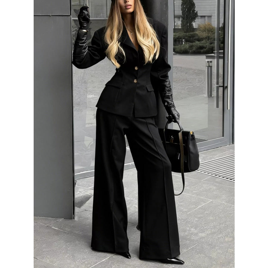 Single-Breasted Blazer and Wide-Leg Pants Set Apparel and Accessories