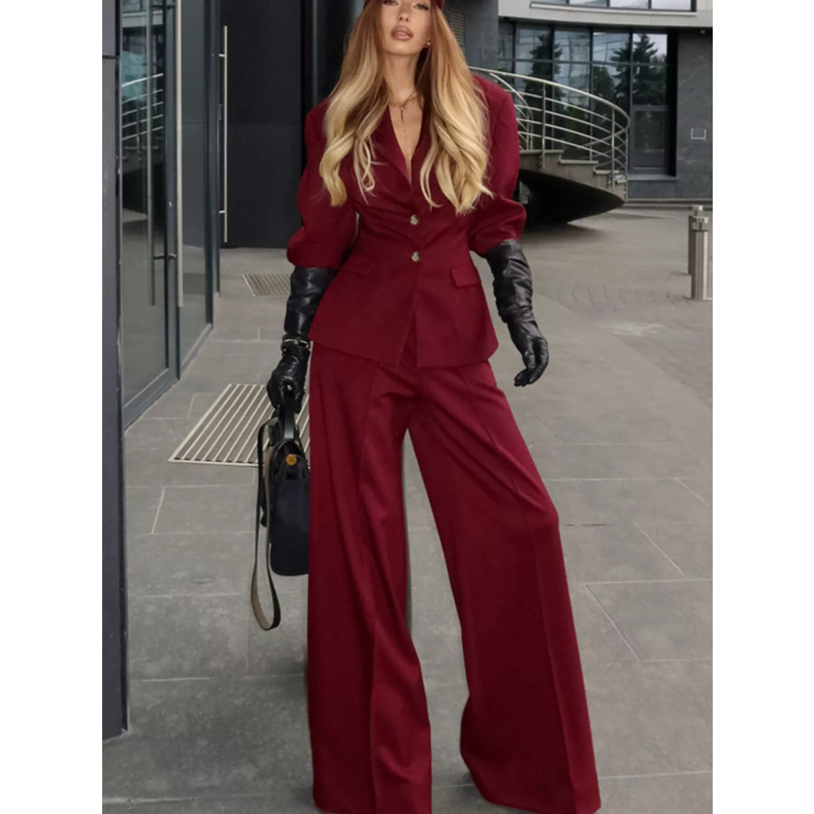 Single-Breasted Blazer and Wide-Leg Pants Set Apparel and Accessories