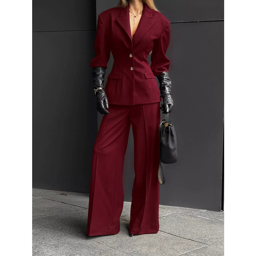 Single-Breasted Blazer and Wide-Leg Pants Set Burgundy / S Apparel and Accessories