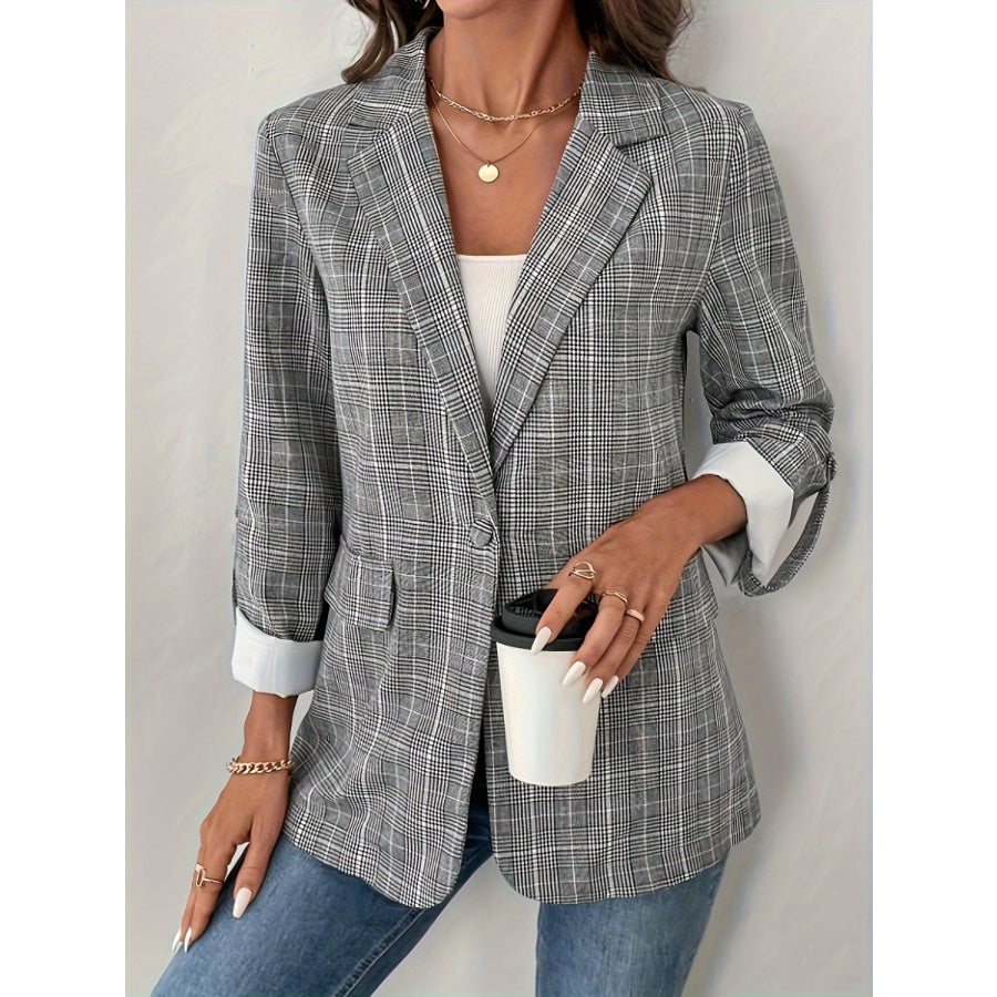 Single-Breasted Lapel Collar Plaid Blazer Apparel and Accessories