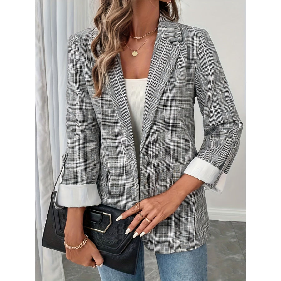 Single-Breasted Lapel Collar Plaid Blazer Apparel and Accessories