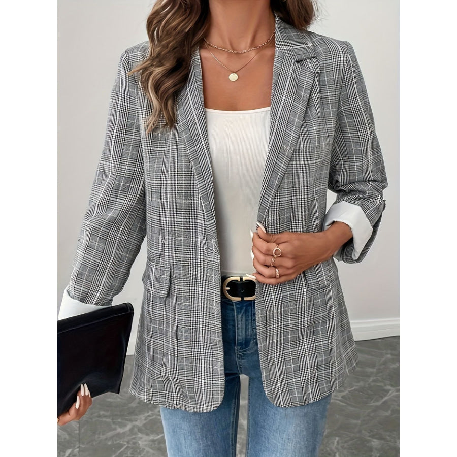 Single-Breasted Lapel Collar Plaid Blazer Apparel and Accessories