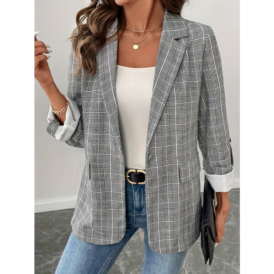 Single-Breasted Lapel Collar Plaid Blazer Light Gray / S Apparel and Accessories