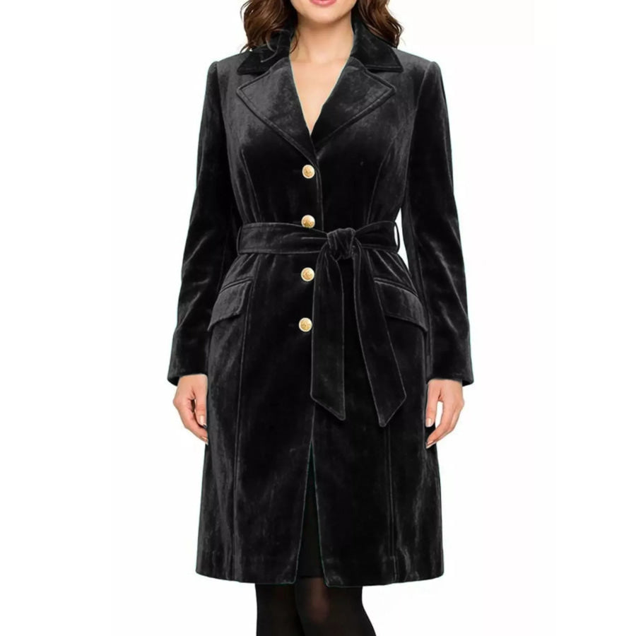 Single-Breasted Velvet Trench Coat with Gold Buttons Black / S