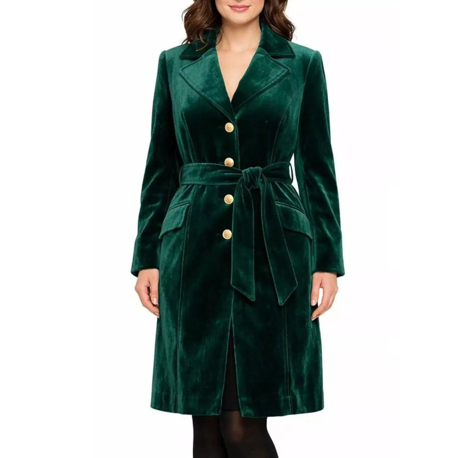 Single-Breasted Velvet Trench Coat with Gold Buttons Dark Green / S