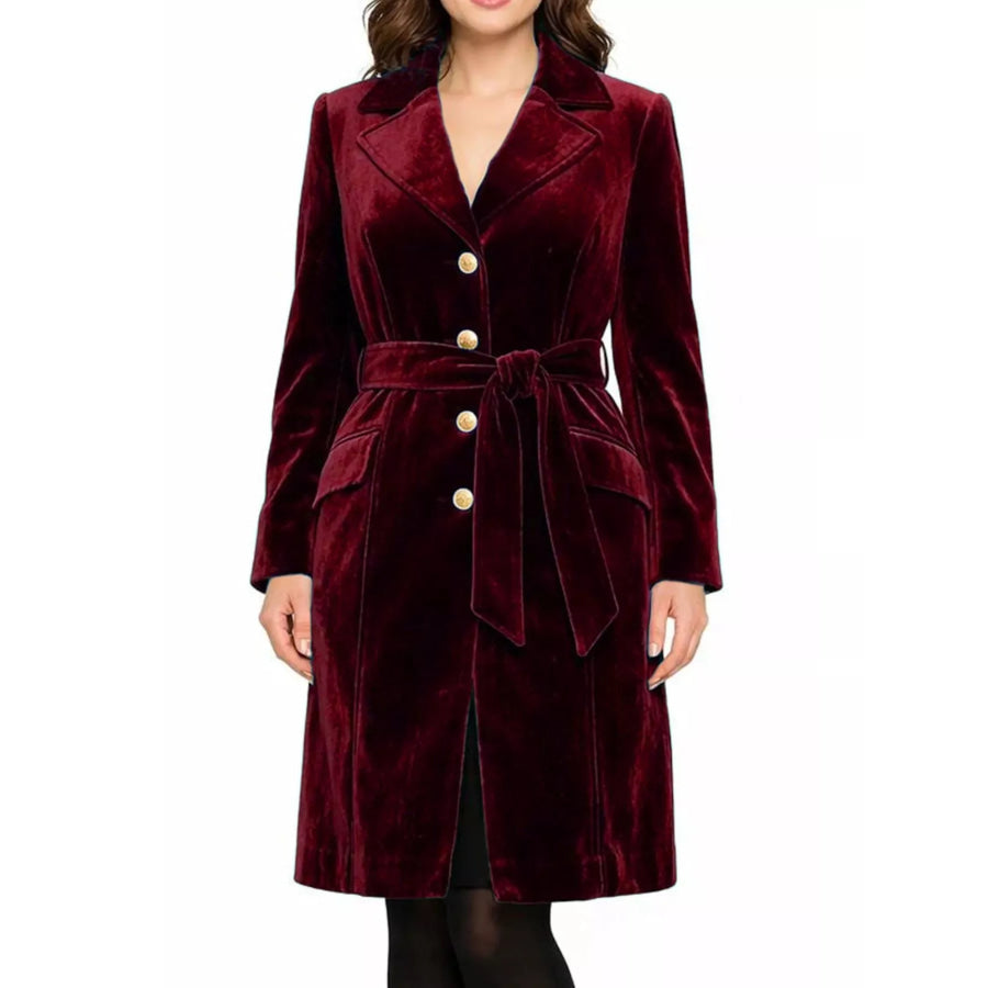 Single-Breasted Velvet Trench Coat with Gold Buttons Wine Red / S