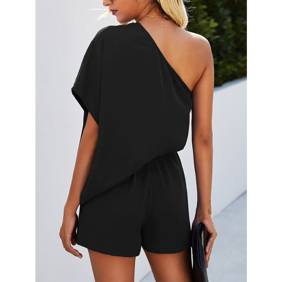 Single Shoulder Batwing Sleeve Romper Black / S Apparel and Accessories