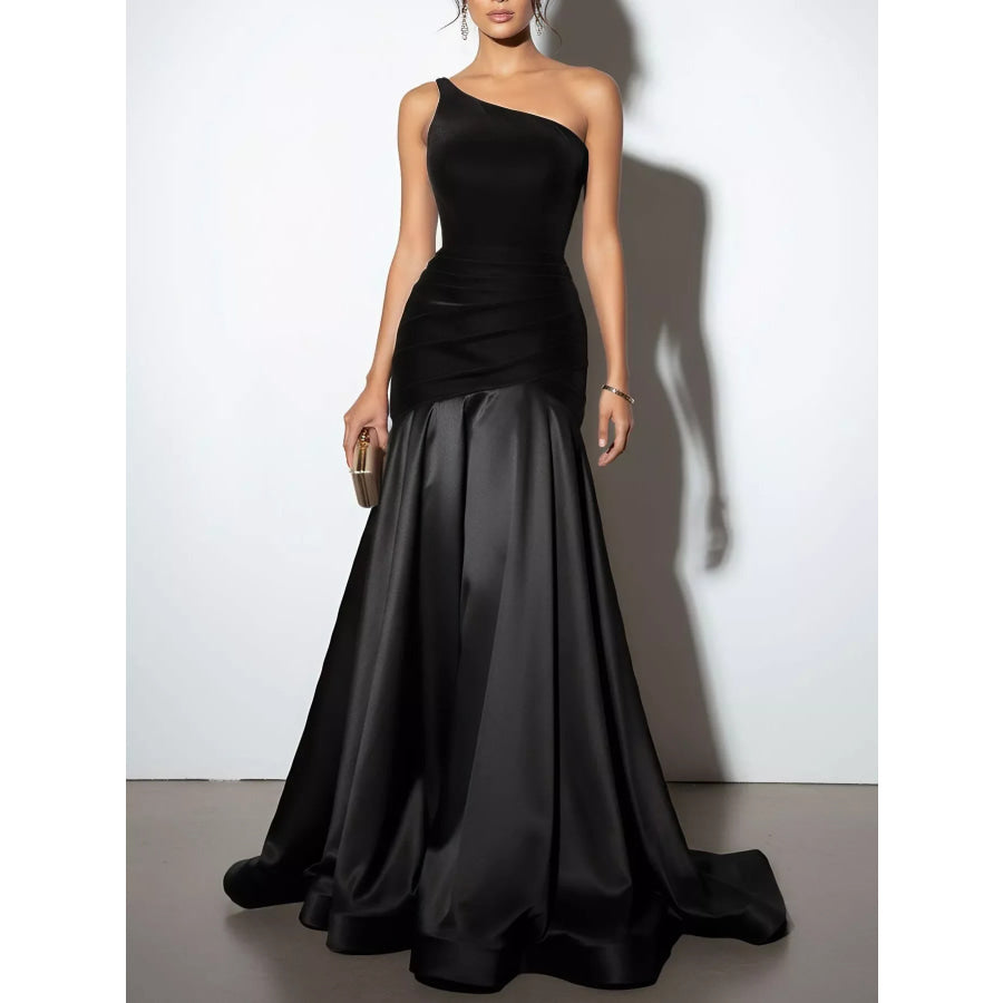 Single Shoulder Floor Length Dress Black / S Apparel and Accessories
