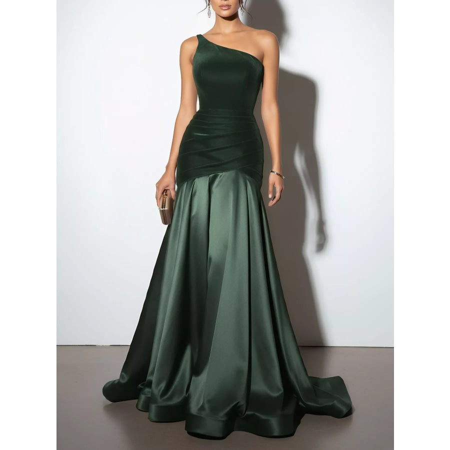Single Shoulder Floor Length Dress Green / S Apparel and Accessories