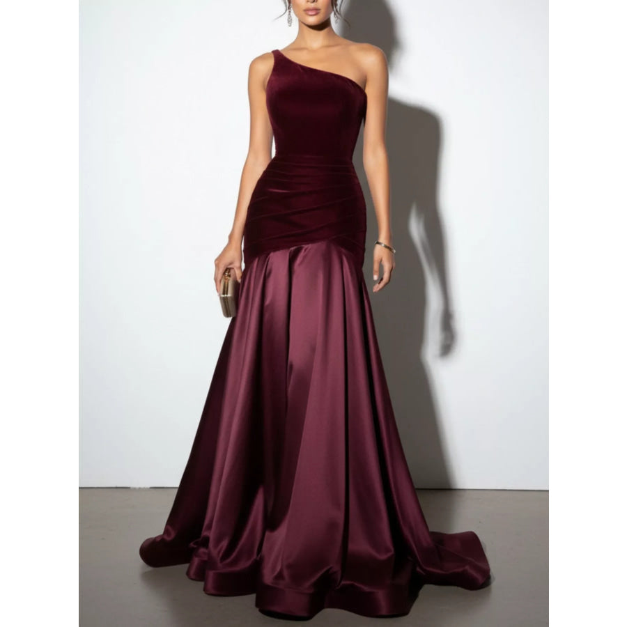 Single Shoulder Floor Length Dress Wine Red / S Apparel and Accessories