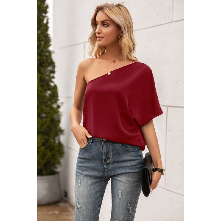 Single Shoulder Half Sleeve T - Shirt Wine / S Apparel and Accessories