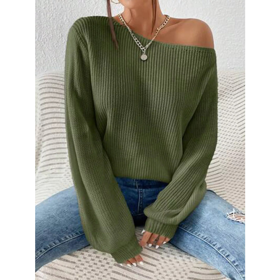 Single Shoulder Knit Sweater Dark Green / S Apparel and Accessories