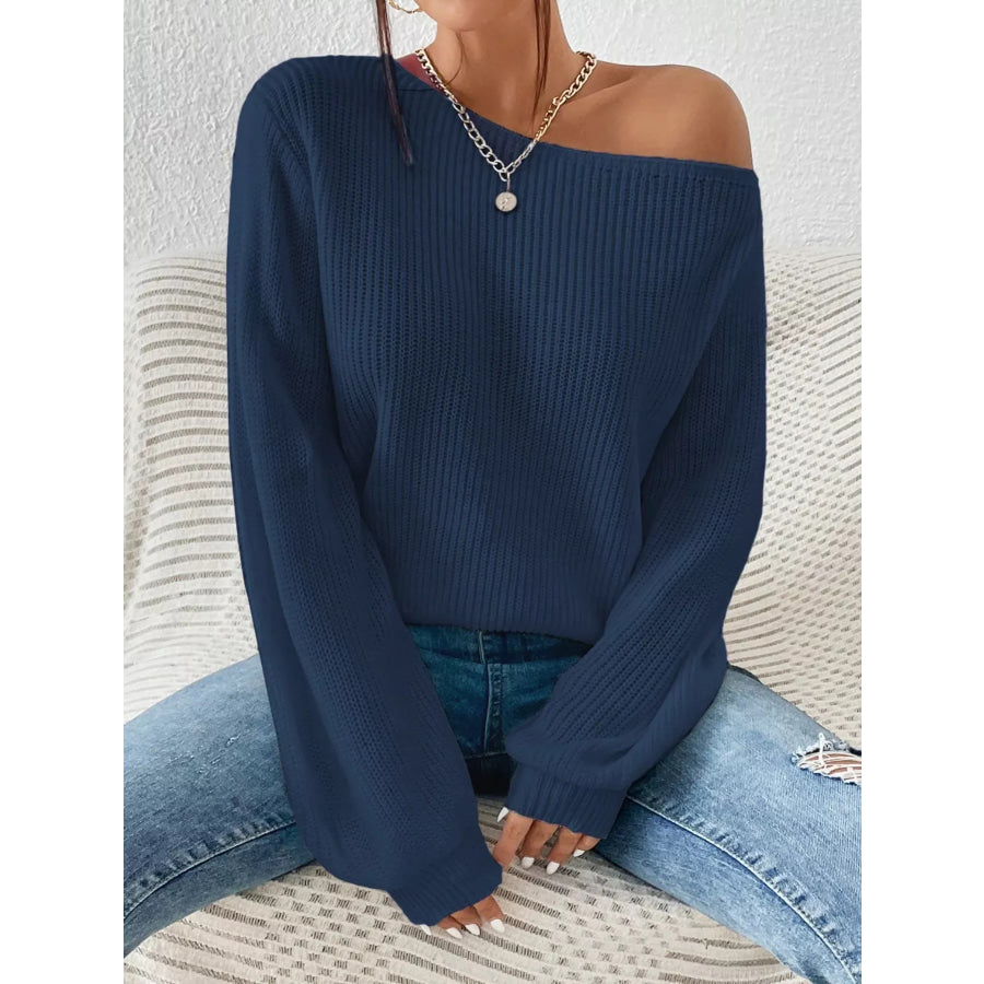 Single Shoulder Knit Sweater Navy Blue / S Apparel and Accessories