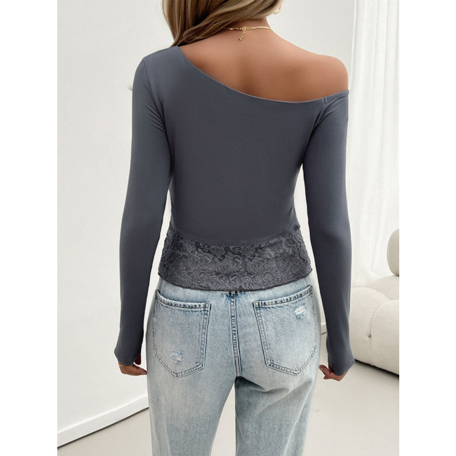 Single Shoulder Long Sleeve Lace T-Shirt Apparel and Accessories