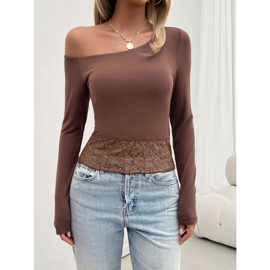 Single Shoulder Long Sleeve Lace T-Shirt Apparel and Accessories
