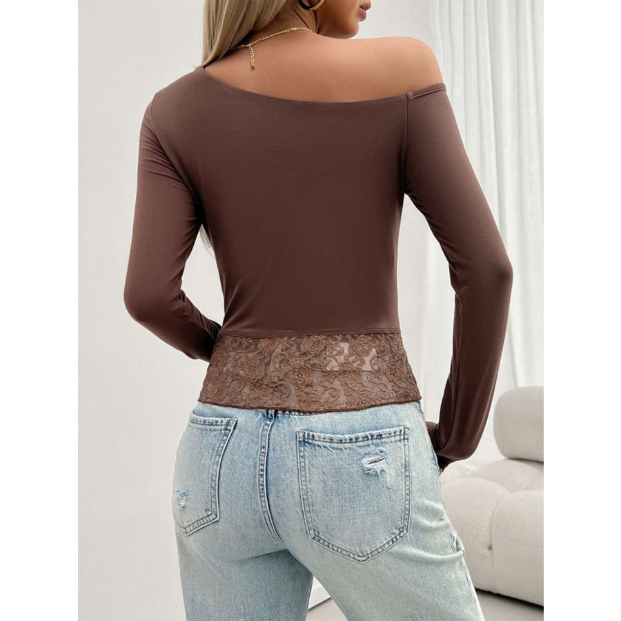 Single Shoulder Long Sleeve Lace T-Shirt Brown / S Apparel and Accessories