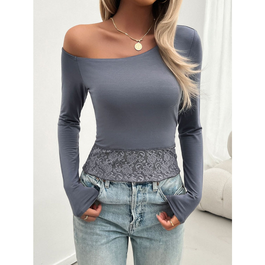 Single Shoulder Long Sleeve Lace T-Shirt Apparel and Accessories
